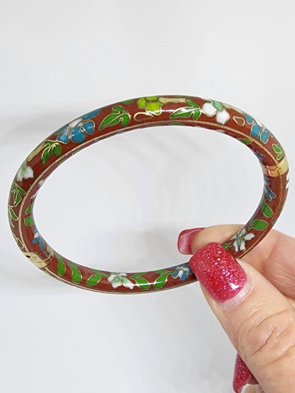 VTG Mid-Century Chinese Export Floral Enamel Cloisonne Hinged Bangle Bracelet